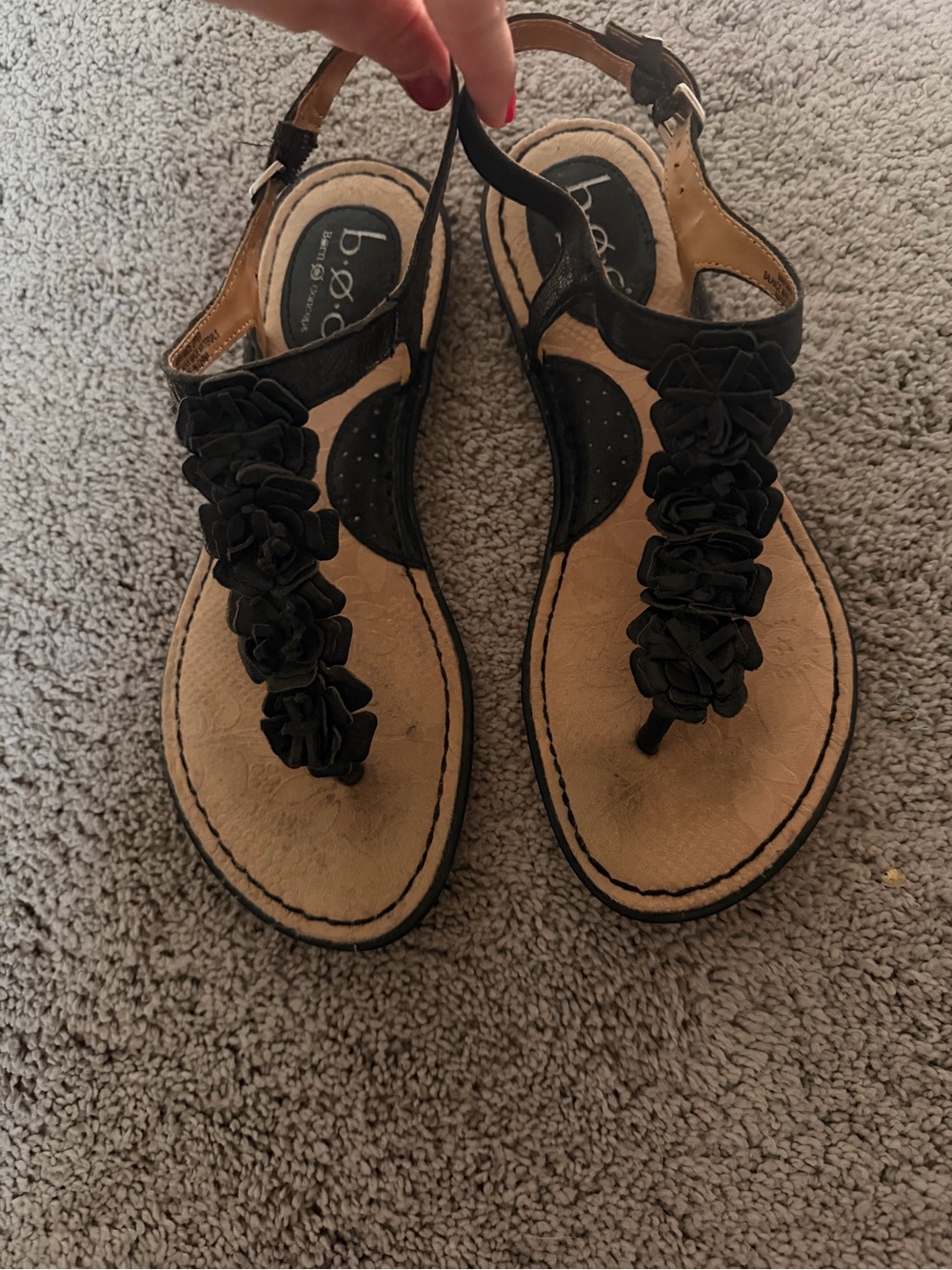 b.o.c. Black Floral T-Strap Sandals with Tan Accents